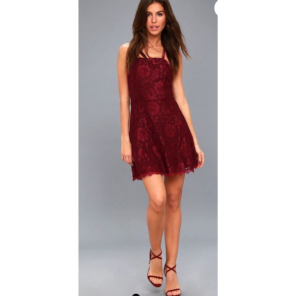 Lulus La Belle Vie Burgundy Lace Backless Skater Dress